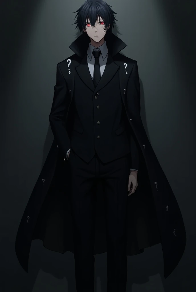 The image is anime style with shadows and dim lights, anime style although somewhat adult and dark, It shows a tall man wearing a theatre mask., and a black hat, He wears a completely black suit. On his chest you can see four red eyes. The background of the image is a park with an obelisk behind it..