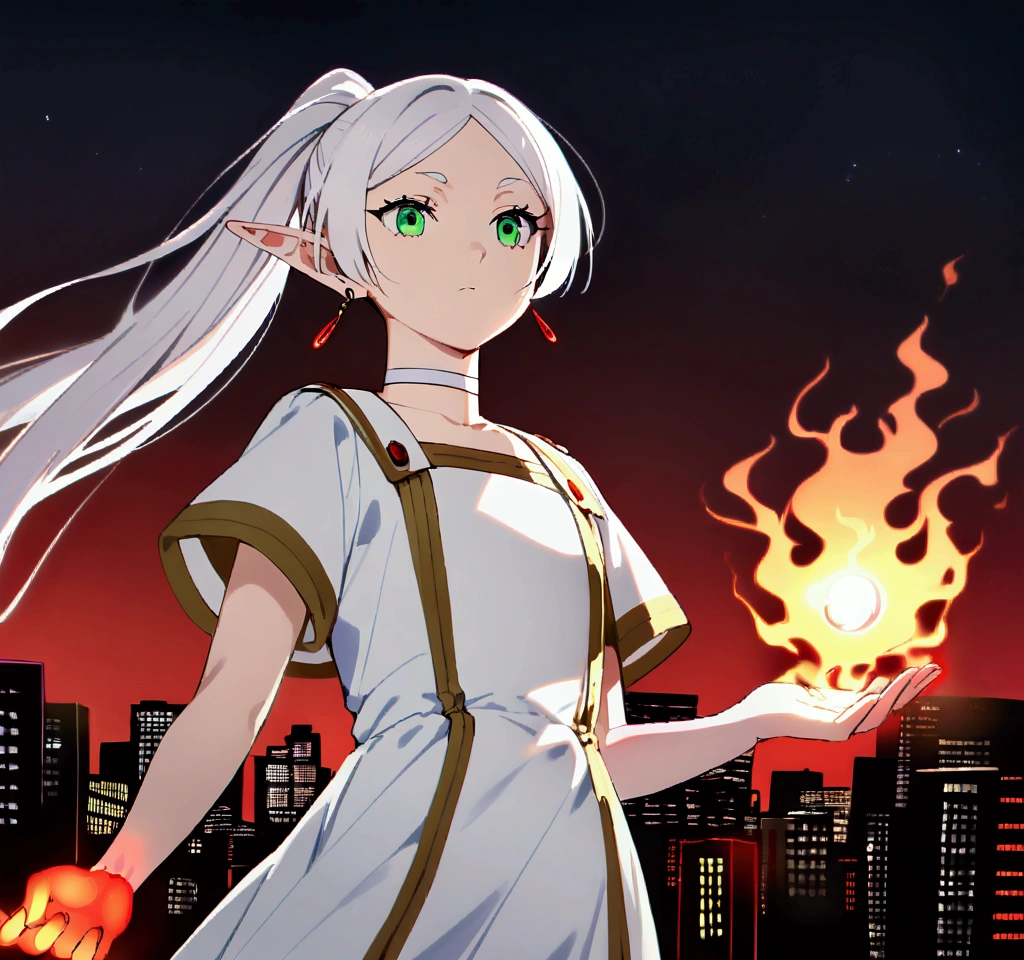 against the backdrop of the night city ( red neon colors, haze in the sky), young woman ((FrierenDress, green eyes, white hair, long hair, ponytail, earrings, white choker, white dress, short sleeves), (magic in hand (fireball)))