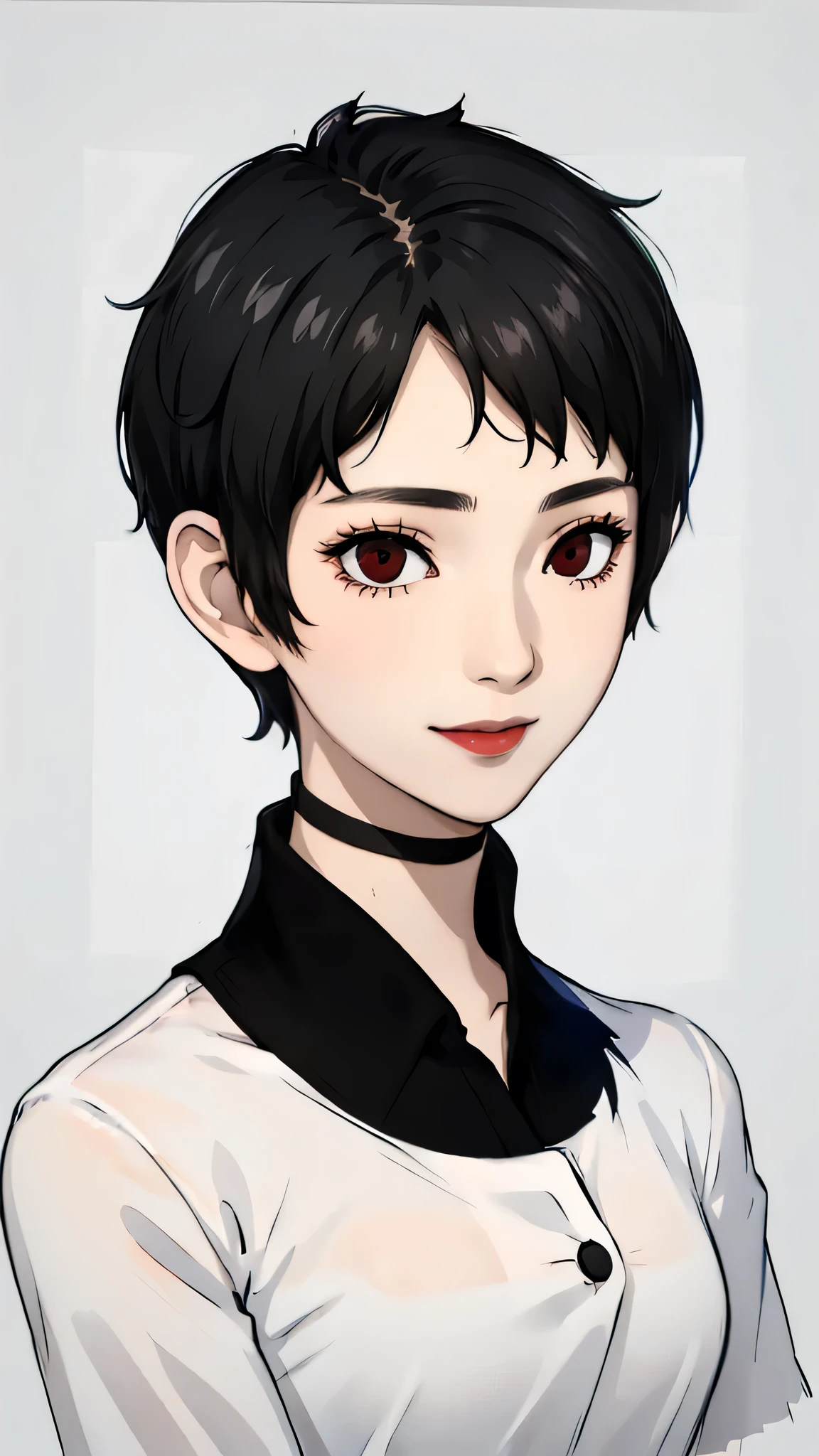 1 girl, very Short hair, black hair,tomboy Pixie haircut, red eyes, black lipstick, black choker, face portrait, shirt, front face, white background, front face, smile