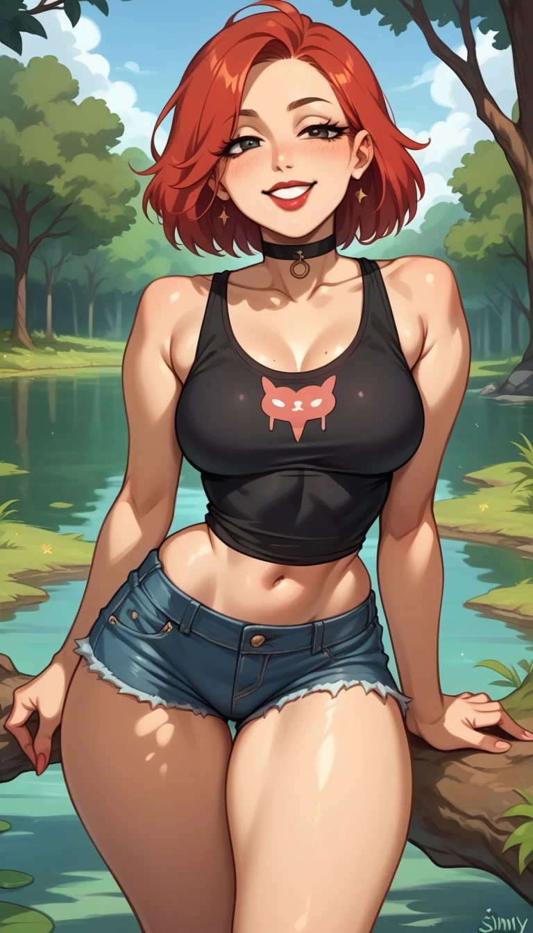 
frankie foster, red hair, (black tank top +  very short and tight brown low waist denim shorts),  black leather choker , lipstick,  exposed legs ,thick thighs,  shiny oily skin ,focus only,  half-closed eyes , smiling,  posing for Instagram , na selva (A LAKE, trees, Earth, sunny day)