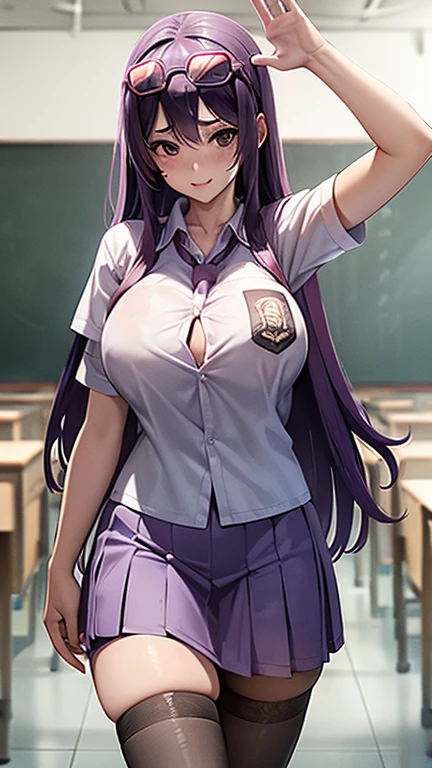 Royal sister，wearing big Swimming googles on head, Purple gray long hair，Wet pink transparent school uniform，sexy pose in the classroom，big Oversized breasts，Shiny brown stockings