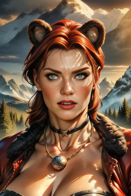 A robust woman bear with bear ears and fangs, wearing Scandinavian warrior clothes, a redheaded woman with freckles, mountainous landscape, (best quality,4k,8k,highres,masterpiece:1.2),ultra-detailed,(realistic,photorealistic,photo-realistic:1.37),HDR,UHD,studio lighting,ultra-fine painting,sharp focus,physically-based rendering,extreme detail description,professional,vivid colors,bokeh,fantasy,digital painting,highly detailed face,strong facial features,muscular woman,armor,fur,leather,claws,fangs,glowing eyes,moody lighting,dramatic shadows,rugged mountains,pine trees,dramatic clouds