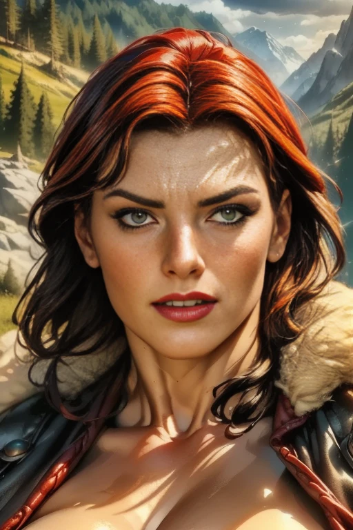 A robust woman bear with bear ears and fangs, wearing Scandinavian warrior clothes, a redheaded woman with freckles, mountainous landscape, (best quality,4k,8k,highres,masterpiece:1.2),ultra-detailed,(realistic,photorealistic,photo-realistic:1.37),HDR,UHD,studio lighting,ultra-fine painting,sharp focus,physically-based rendering,extreme detail description,professional,vivid colors,bokeh,fantasy,digital painting,highly detailed face,strong facial features,muscular woman,armor,fur,leather,claws,fangs,glowing eyes,moody lighting,dramatic shadows,rugged mountains,pine trees,dramatic clouds