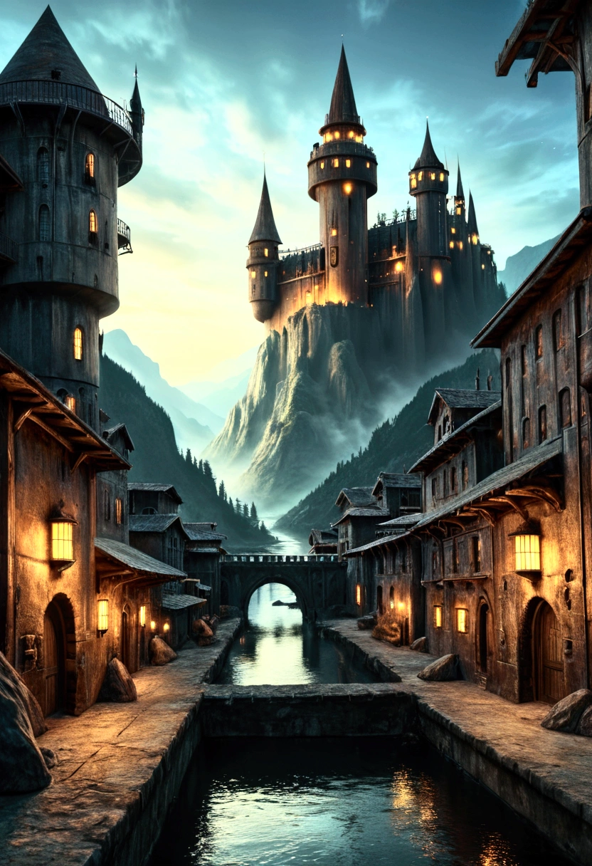 a close up of a city with a river and a mountain in the background, howl\'s moving castle at night, asy sci - fi city, big and structured valhalla city, inspired by Ian McQue, ancient sci - fi city, 4k highly detailed digital art, dark fantasy city, elaborate matte painting, surreal sci fi set design, mountain fortress city