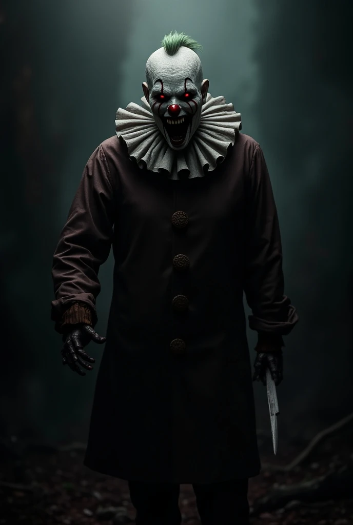 A dark, eerie clown with a twisted smile, black and white striped clothing, and a background of decaying carnival tents under a stormy sky