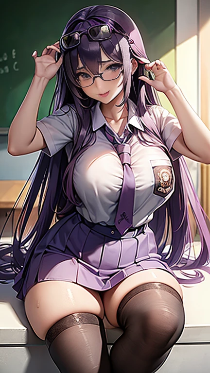 (((Spread your legs)))、((Shiny underwear)))、Uniform Blazer、Beautiful beauty、Long purple hair、Glasses、((whole body))、(((Photo taken from below)))、School、classroom、Large Breastini skirt、Panties are black lace、Japanese、expensive、Long limbs、hairstyle semi long、18-year-old