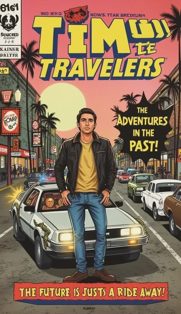 Create a hyper-realistic comic book cover inspired by the themes of 'Back to the Future,' reflecting the vintage style of the 1940s/1950s while incorporating classic comic book elements. Feature a charismatic young man with neatly styled hair, dressed in a classic 1950s outfit—such as a leather jacket and jeans—standing confidently next to a sleek DeLorean time machine, designed with retro details. The background should depict a bustling Hill Valley in the 1950s, filled with classic cars, neon diner signs, and iconic storefronts, all rendered in a warm color palette of sepia tones, pastel pinks, and blues. The title 'Time Travelers: Adventures in the Past' should be prominently displayed at the top in a bold, vintage font with a slight art deco flair. Below the title, include a tagline like 'The Future is Just a Ride Away!' in a stylish, retro font. Incorporate classic comic book details like a price (e.g., '15¢') in the top left corner and the issue number (e.g., '#1') in the top right corner. The overall design should evoke a sense of nostalgia and adventure, blending hyper-realistic character designs with the charming elements of 1940s/1950s comic book aesthetics, capturing the essence of time travel in a beautifully retro context.