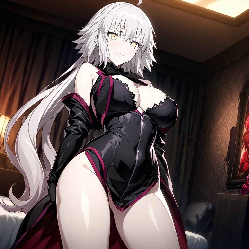 High image quality、best quality、extremely detailed CG unity 8k wallpaper、Masterpiece、ultra detailed、super fine illustration、detailed beautiful face、detailed (beautiful eyes)、Big Breasts、big ass、glamorous body、 Jeanne Alter (fate) ((My friend)) smile　Hotel room with a night view (she loves me) (Are sexually aroused) Emphasize the breasts (Clearly depict eyes)