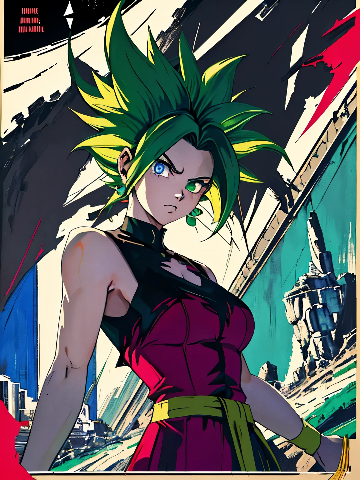 xyzkefla, super_saiyajin, green_Hair, green_eyes, 1 , nailed_Hair, Energy, torn_clothes, joy, potara earring, aura, leggings, red clothes, dramatic, striptease,  provocative position, cliff,  looking at the viewer, ((perfect hand)), flying, ((( masterpiece,  highest quality))),(((Alone:1.2))),(((1 girl:1.2))),32K Wallpaper,  bikini, poster, Vintage,(((((geometric cinematic movie poster))))), ((Bauhaus)),(form),(((abstract))),(mid-century modern),movie poster,(((((Portfolio))))),(((((close-up))))),(((((end it all))))),((((more varied angle)))),(((emphasis))),vast landscape,((((Heterochromia)))),(((full. detailed face))),(((Extremely talented))),(((most complicated machine))),(colorful color scheme )
