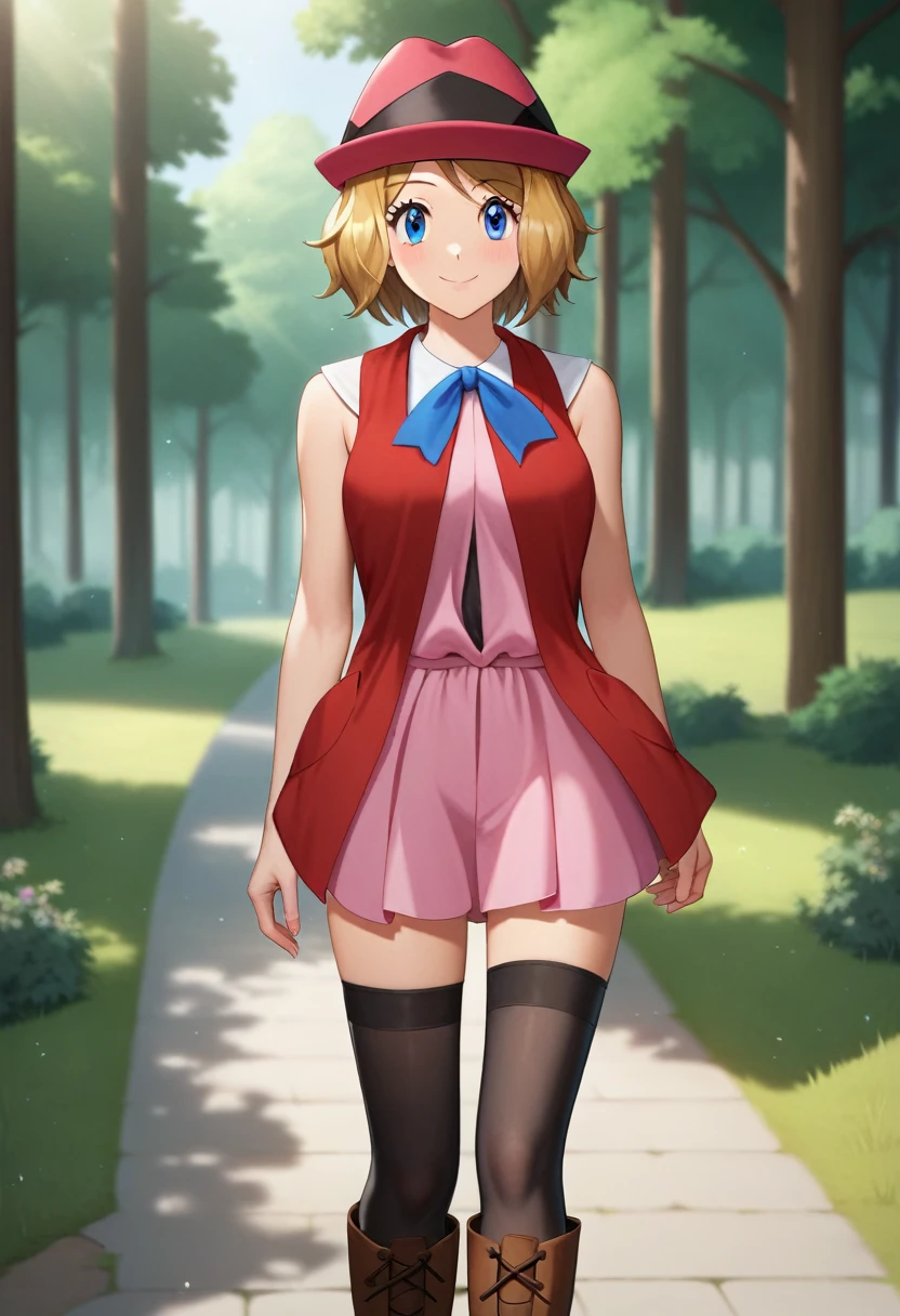 (Masterpiece, Ultra-high resolution, 8k, High Quality, Top quality, High-Detailed, Detailed CG, Cinematic Shadow:0.5, Beautiful Detailed Eyes, Ultra Resolution, Depth of Field, High Resolution, Masterpiece: 1.2), (Anime Art style), (cowboy shot), (cowboy shot), (forest), 1girl, solo, serena \(pokemon\), 1girl, blue eyes, eyelashes, short hair, blonde hair, hat, neck ribbon, blue ribbon, pink shirt, sleeveless, bare arms, red jacket, pink skirt, black thighhighs, boots, beautiful breasts, walking, smile,