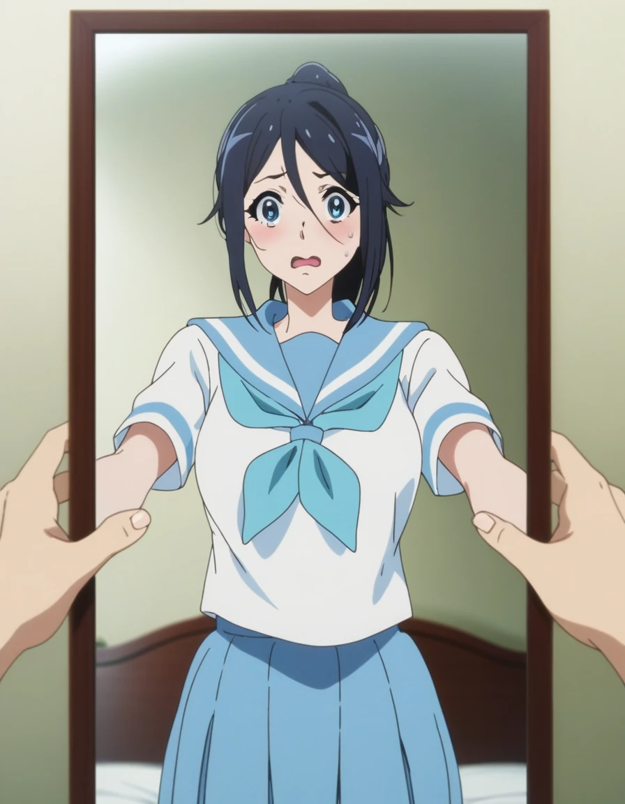 score_9, score_8_up, score_7_up, source_anime, official art, explicit, nsfw, (1girl), kasaki nozomi, Hibike! Euphonium, (Mirror in front of you:1.3), ((((Grab the mirror with both hands)))), ((((Spread your arms wide)))), (((front view))), (bust shot), black hair, ponytail, stand up, girl arm, pale skin arms, pale skin hands, beige nail, (shocked:1.0), ((looking at viewer)), parted lips, bed room, curvy, (blush), (sweat), wavy mouth, newest, very aesthetic, absurdres, hand out of frame, pov, out of frame, outside border, feet out of frame, masterpiece, high quality, high details, high details