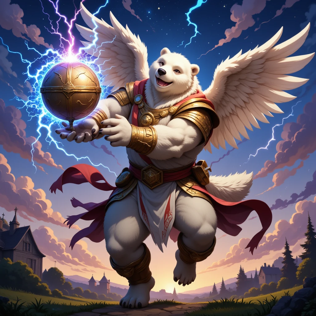 character focus, full body, looking away, dynamic angle, SFW, chibi, angel, a muscular middle-aged polar bear man, angel wings, happy, light smile, costume clothes, armor, loincloth, rushing wind, hold with both hands quantum electromagnetic life form sacred sphere, spinning fly, dynamic pose, BREAK complete anatomy, perfect proportions, beautiful thigh gap, fluffy body, intricate fur details, beautiful fur texture, BREAK a detailed bear tail, detailed toe, 5toes, 5toes nails, beautiful foot, detailed hands, 5fingers, 5fingers nails, BREAK cute face, aesthetic anime face, insanity detailed face, male face, big face, square jawline, aesthetic anime eyes, detailed brown eyes, detailed brown cornea, detailed dark brown irises, detailed pupils, male eyes, big eyes, male eyebrows, innocent look, beautiful beard, BREAK full body in Michelangelo Buonarroti style, digital illustration anime, housamo style, detailed painting landscape, twilight, kaleidoscopic swirls, france, outdoor, full body, HDR, BREAK masterpiece, official art, best quality, very aesthetic, absurdres, super fine illustration, great quality, BREAK noise reduction, very highres, large filesize, high quality, 32K, 8k wallpaper, dynamic lighting, BREAK insanity detailed, ultra detailed, intricate details, extremely detailed, detailed texture, an extremely delicate and beautiful, BREAK osukemo, e621 illustration, kemohomo, anthropomorphic, furry, cartoon, harmonious body, pastoral face, virtuous eyes, epic atmosphere