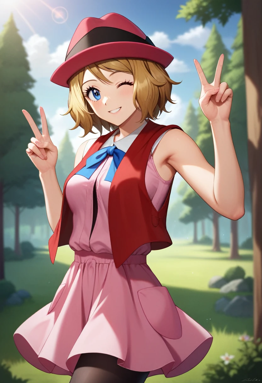 (Masterpiece, Ultra-high resolution, 8k, High Quality, Top quality, High-Detailed, Detailed CG, Cinematic Shadow:0.5, Beautiful Detailed Eyes, Ultra Resolution, Depth of Field, High Resolution, Masterpiece: 1.2), (Anime Art style), (cowboy shot), (upper body), (forest), 1girl, solo, serena \(pokemon\), 1girl, blue eyes, eyelashes, short hair, blonde hair, hat, neck ribbon, blue ribbon, pink shirt, sleeveless, bare arms, red jacket, pink skirt, black thighhighs, boots, beautiful breasts, smile, peace, one eye closed, from side,