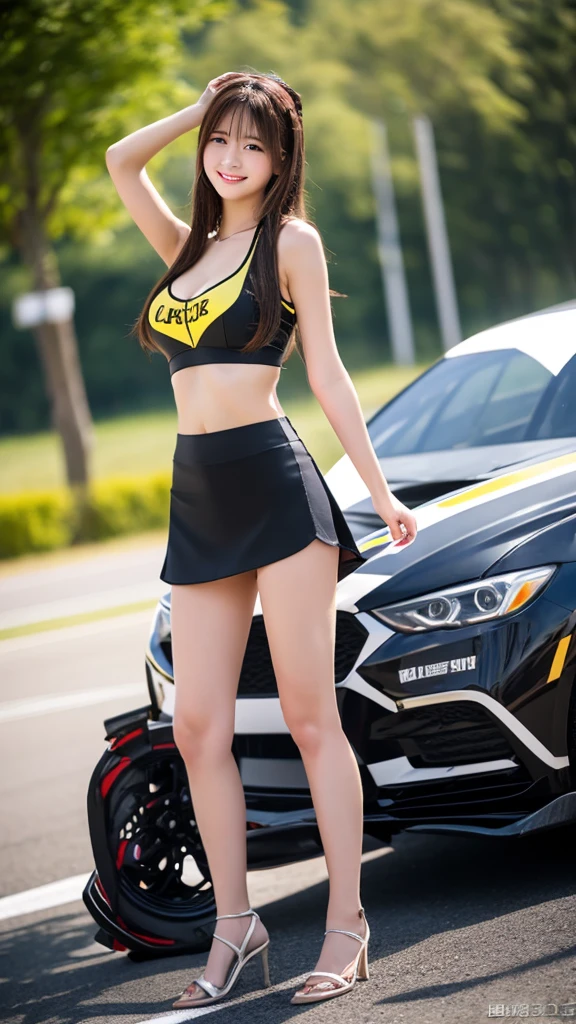 (8k, RAW photo, best quality, masterpiece:1.2), (realistic, photo-realistic:1.37), (full body:1.3) (detailed), (highres), ultra realistic, hyperrealistic, high detail RAW color photo of a 28 y.o women, Taiwanese woman, young female,beautiful face, (high detailed face),looking at viewer, perfect face, young, detailed hair ,cleavage, perfect breast,professional lighting, photon mapping, radiosity, physically-based rendering, ultra-detailed, extremely detailed, beautiful detailed girl, extremely detailed eyes and face, cinematic lighting, perfect fingers, perfect hands, perfect legs, cinematic lighting, extreme details, pale skin, realistic skin, show belly, high heels,1girl,race_queen,(big breasts:1.2), ((Wearing: Black tight tank top, short-shorts, red high-heel shoes)),, outdoors,((sports car)),((Autoshow)),((Motor show)),
