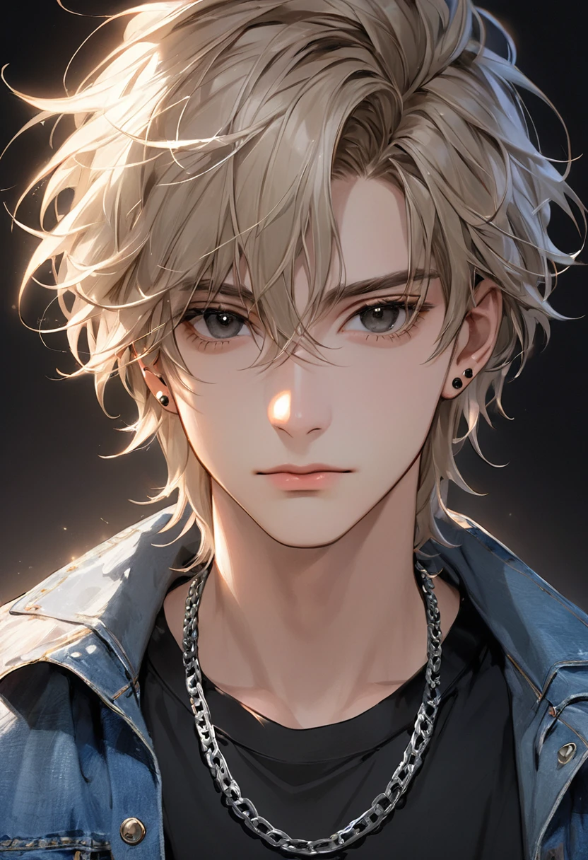 (masterpiece, best quality:1.3), A man, 19-years-old, solo, Caucasian, medium disheveled messy tousled blone hair, soft masculine face, black eyes with long eyelashes, black shirt, jean jacket with high collar, large silver chain necklace, small black studs in ears, looking straight at viewer, portrait, cool lighting, no background