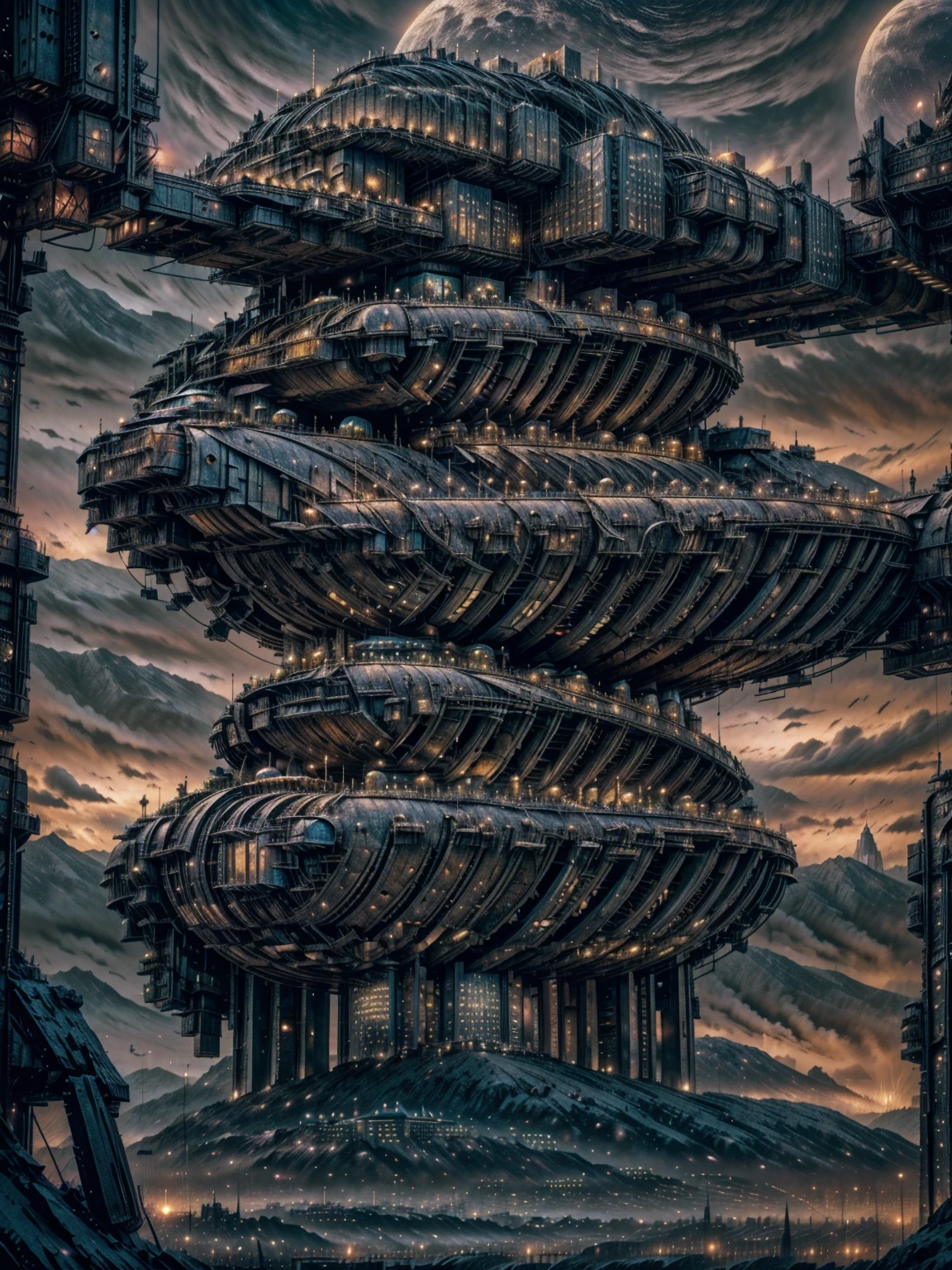 a close up of a city with a river and a mountain in the background, howl\'s moving castle at night, asy sci - fi city, big and structured valhalla city, inspired by Ian McQue, ancient sci - fi city, 4k highly detailed digital art, dark fantasy city, elaborate matte painting, surreal sci fi set design, mountain fortress city