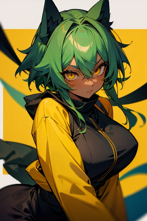 1male, dark green hair, orange eyes, long hair, pony tail, crop top sweater, sunglasses, lip gloss, black shorts, leggings
