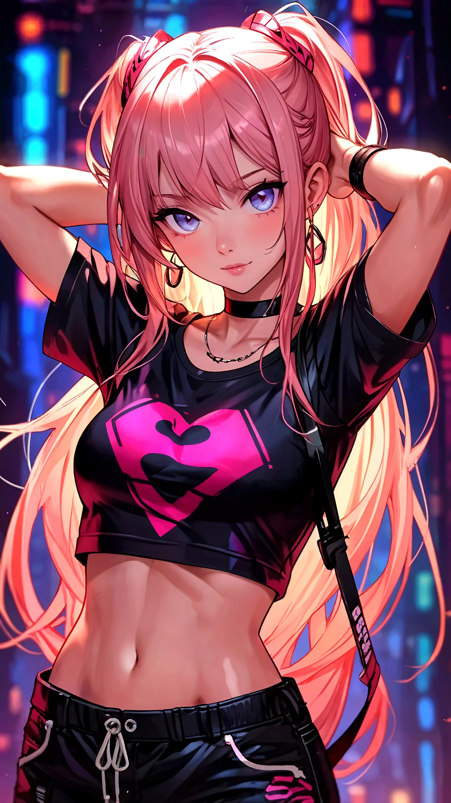 score_9, score_8_up, score_7_up, masterpiece, best quality, highly detailed, 1girl, pale skin, pink eyes, thick black eyelashes, black eyeliner, dark eyeshadow, neon pink hair, low twintails, big breasts, oversized black t-shirt, ear piercings, looking at the viewer, bedroom eyes, seductive smile, g0thicPXL, glowing hair, glowing eyes, neon, arm behind head, arched back, dark background, cowboy shot, thick white character outline