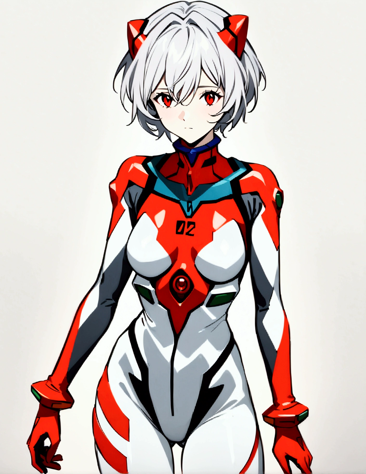   Unit create an original Neo Genesis Evangelion character ,  This character is a light woman  , silver hair and short skin  ,  and an EVA pilot suit completely glued to the body in blue-gray colors with red details and red gloves as a reference use , red eyes,  clear background and red accessories on the head and use as a reference for that detail  "Rei Ayanami" 