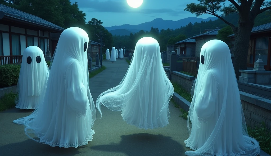 several floating ghosts interact over a Japanese cemetery, a new ghost (Kat, club outfit, wispy, semi transparent) joins the other ghosts in wide eyed wonder, moonlit
