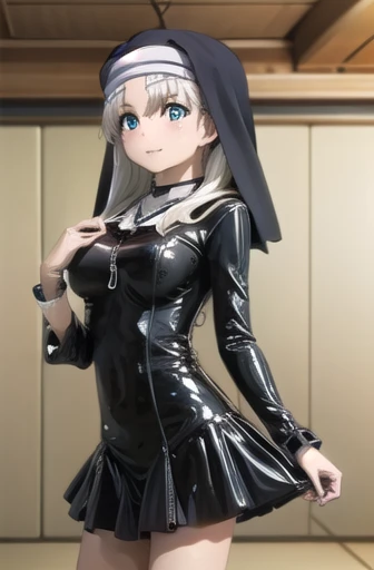 Kate Takayama , Kate Takayama ,  long hair,  white hair, a mole,  aqua eyes , a mole under eye, smile,
BREAK long sleeves, dress,  Jewelry, necklace, black латекс dress, cross, latex short nun dress , shoes heels, habit, cross necklace,
BREAK indoors, Class,
BREAK looking at viewer, ( cowboy shot:1.5),
BREAK (masterpiece:1.2),  Best quality ,  High definition, обои unity 8k, ( illustration:0.8), ( beautiful detailed eyes:1.6),  extremely detailed face,  perfect lighting ,  extremely detailed CG , (perfect hands, Perfect Anatomy),  full height,