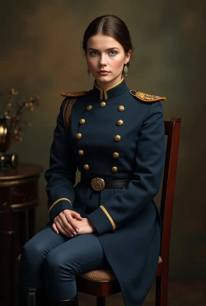 Russian girl , tightened on a chair in a photo 19th century studio , she is wearing a two-board officer's white uniform of the Russian Tsarist Army of the 19th century, gold buttons in 2 rows ,epaulettes ,  tight blue cavalry pants , and tall cavalry black boots ,without makeup,  tight blue cavalry pants , 19th century photo style  ( 1900-1905 Russian Empire ),photorealism, looking at the camera ,