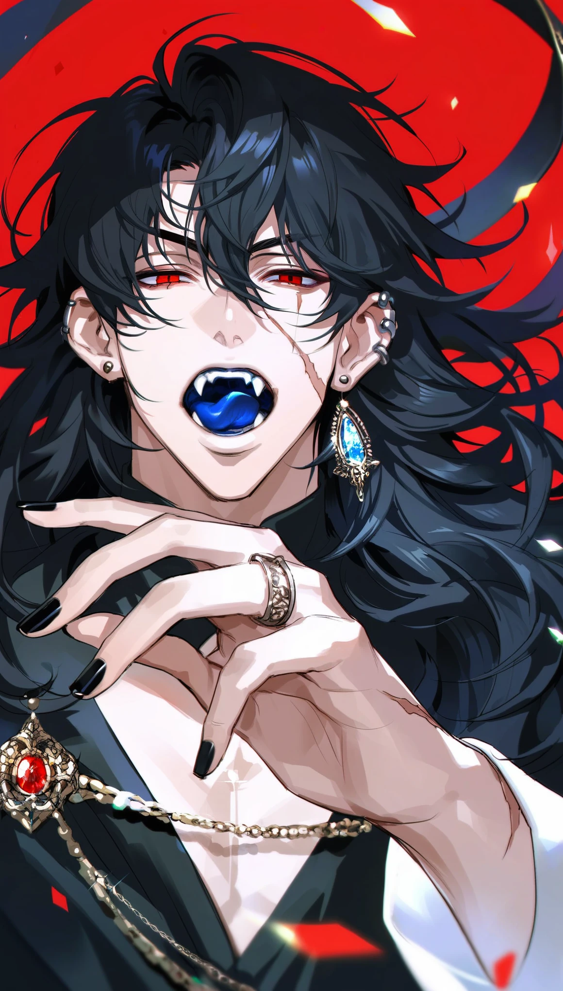 muksal,1boy,red eyes,solo,jewelry,tongue,scar,earrings,scar on face,licking lips,piercing,looking at viewer,open mouth,hair between eyes,gem,long hair,red background,fangs,shirt,black shirt,hand up,bangs,blue tongue,black hair,black nails,fingernails,glint,ear piercing,gemstone,dynamic angle,dynamic pose,loose black dress shirt,correct proportions,correct proportionate hands,, score_9,score_8_up,score_7_up,source_anime,