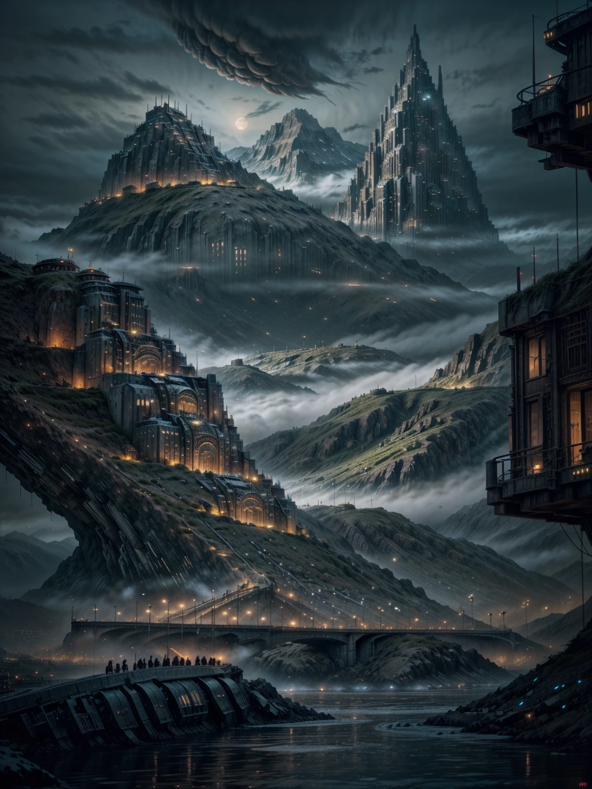 a close up of a city with a river and a mountain in the background, howl\'s moving castle at night, asy sci - fi city, big and structured valhalla city, inspired by Ian McQue, ancient sci - fi city, 4k highly detailed digital art, dark fantasy city, elaborate matte painting, surreal sci fi set design, mountain fortress city