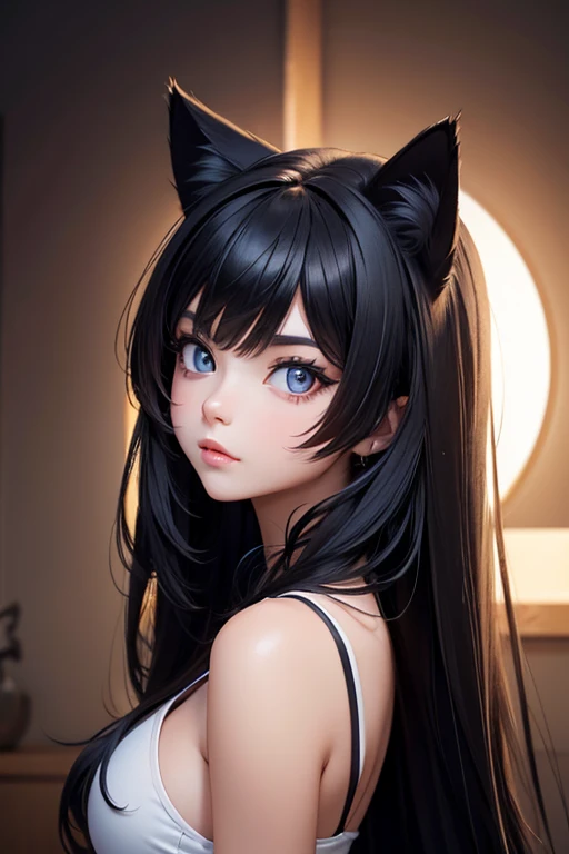 1 girl with cat ears, black hair, high res, ultrasharp, big eyes, long hair, 8K, masterpiece, beautifull, perfect, looking at viewer
