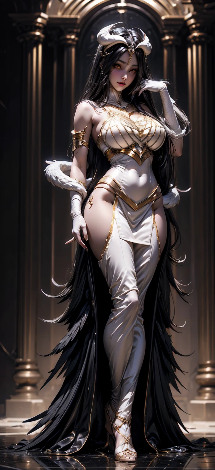 A (super realistic) beautiful sexy woman(albedo _overlord) with (orange eyes with perfect detailing) and white attire(detailed) with gold jewellery on perfect big breast, beautiful breast, black long beautiful hair, hyper detailed black  wings , (full body)(wallpaper  pose)(standing in middle)(every thing with best detailing)