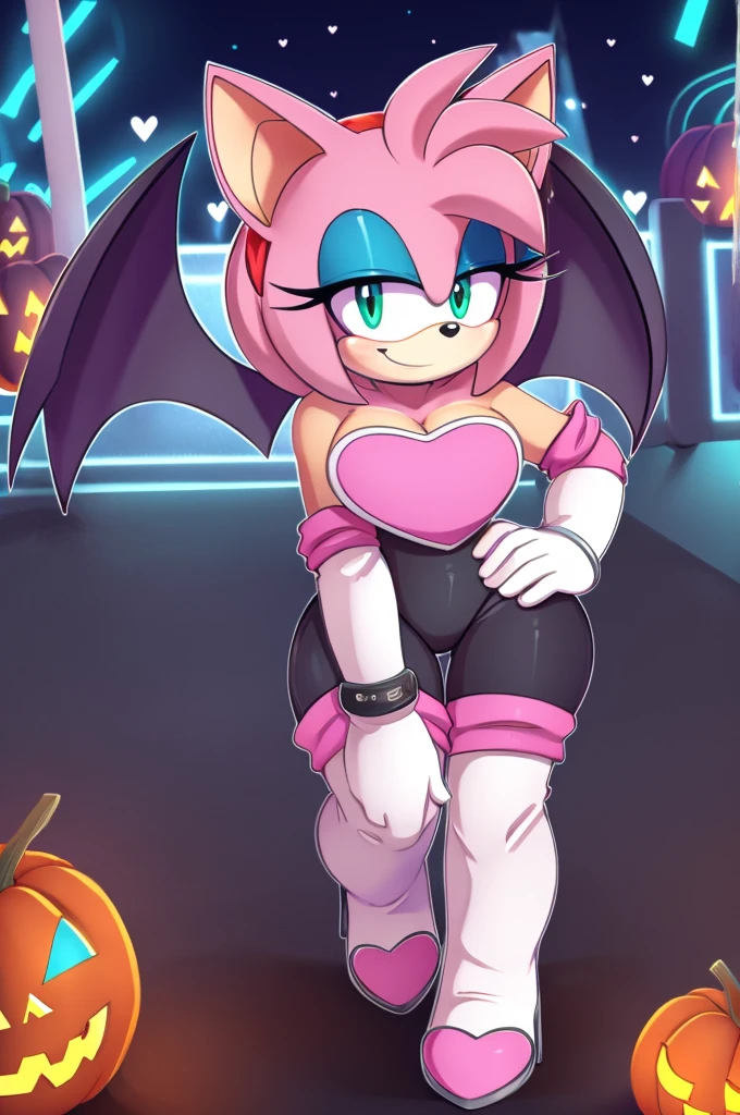 Score_9, score_8_up, 2D, flat color, looking at viewer, (1girl), (solo), very detailed, extremely detailed, Amy Rose from the sonic the hedgehog series, portrait, smile, looking at viewers, hair down, hair bangs, large bust, milf, Rouge cosplay, cosplay, Rouge outfit, she wears a black skin-tight and strapless low-cut jumpsuit, a pink heart-shaped chest plate outlined with thin white trim, elbow-length white gloves and thigh-high high-heeled boots with pink cuffs to match them, with the latter featuring both gray soles and heels, along with steel toes in the appearance of pink hearts, matching her jumpsuit's chest plate, bat wings, standing up, in a Carnival fun park on Halloween night, with Fogs, and Jack-o-lantern pumpkins, outdoor