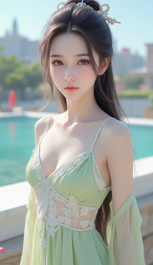((Realistic lighting、highest quality、8k、Masterpiece:1.3))、Hyperrealist Women by David Hockney and Alphonse Mucha、Solemn、((２Dead Woman))、Parrot、Princess、Highly detailed face、Squint your eyes、Well-formed face、No strobe、highest quality、Photorealistic、EV-1.0,Browsing Caution、14 years、Art Station、4k yen、Awards、Are thin、Slender体、Large breasts、rib、Real-life background、Gorgeous hair ornament、８Life size、Slender、Very skinny、luxury、skinny、rib、Large breasts、、Beautiful feet、Narrow waist、Flat Belly、Beautiful Hair、smile、Whole body frame-in from head to toe、summer、Yui Arakaki,bikini