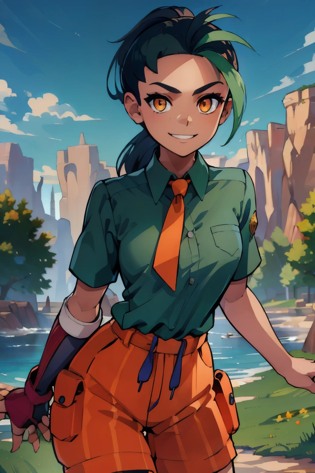 ((masterpiece,best quality)), absurdres, Nemona_Pokemon,  black hair, green hair, orange eyes, dark skin, multicolored hair, two-tone hair, hair pulled back, collared shirt, fingerless gloves, orange shorts,  solo, smiling, looking at viewer, cowboy shot,