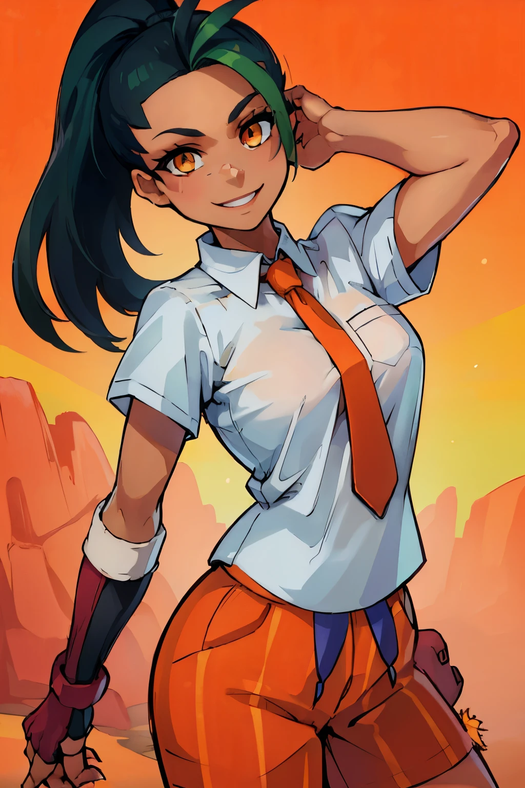 ((masterpiece,best quality)), absurdres, Nemona_Pokemon,  black hair, green hair, orange eyes, dark skin, multicolored hair, two-tone hair, hair pulled back, collared shirt, fingerless gloves, orange shorts,  solo, smiling, looking at viewer, cowboy shot,