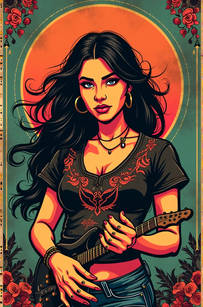 t-shirt design, centered art, hk, 8k, intricate details, cartoon style of super sensual devil woman in rocker style with a guitar in her right hand and in her left hand a mug of beer, with tattoos on her arm, and a rotweiller dog with a collar of thorns on the side