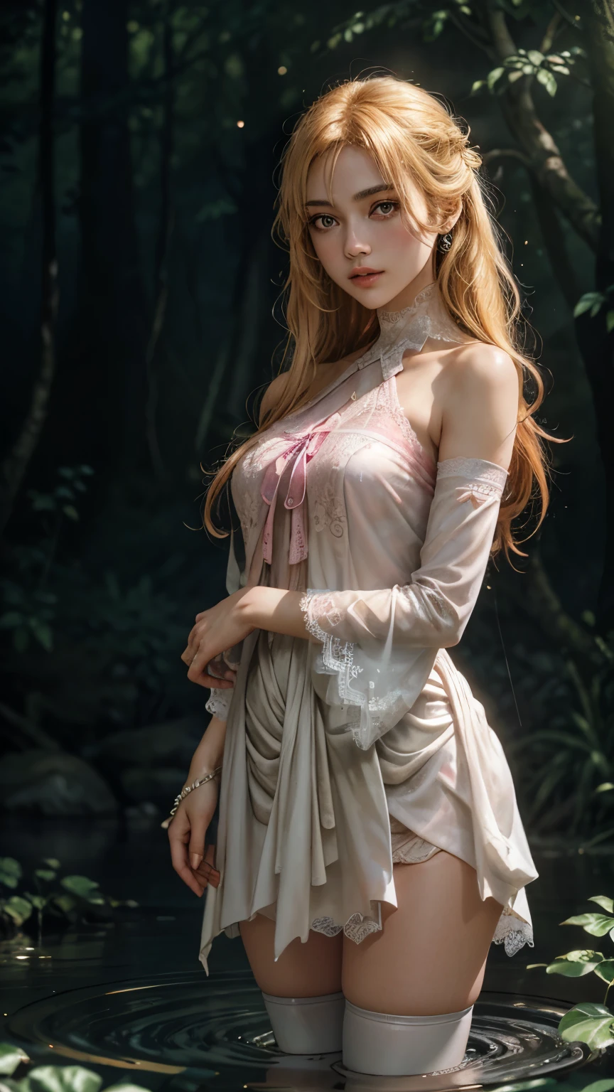 (masterpiece), (highest quality), (detailed), Light Layer, 1 Solo Girl, Girl in the forest, Sexy transparent colonial dress, Perfect body, Blonde Hair, The chest is pronounced, Prominent clavicle, Ultra-realistic, Realistic, detailed, Tight, see-through nipples, Wet clothes,