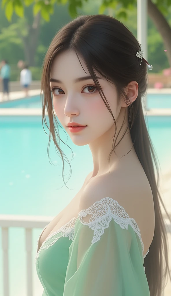 The image features an elegantly painted young Chinese woman with fair skin standing outdoors, with a backdrop suggesting a sunny day near a body of water. The person is wearing a pale green dress with white lace details and has her hair styled with a decorative hairpin. The setting appears to be a relaxing environment, possibly resembling a vacation. There is no text or other recognizable elements providing additional context within the frame that are visible.