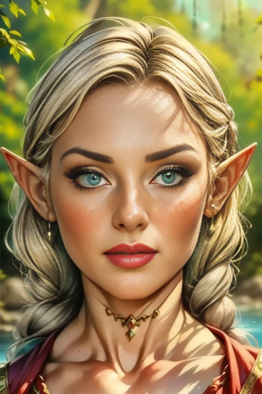 beautiful detailed eyes, beautiful detailed lips, extremely detailed eyes and face, long eyelashes, 1 girl, young female elf, blonde braided hair, pointed ears, emerald green eyes, thin lips, round face, innocent and pure look, traditional elf clothing, adventurous elf, small flat chest, hourglass figure, pure and innocent elf, direct gaze, lush fresh water spring background, (best quality,4k,8k,highres,masterpiece:1.2),ultra-detailed,(realistic,photorealistic,photo-realistic:1.37),HDR,UHD,studio lighting,ultra-fine painting,sharp focus,physically-based rendering,extreme detail description,professional,vivid colors,bokeh,fantasy portrait