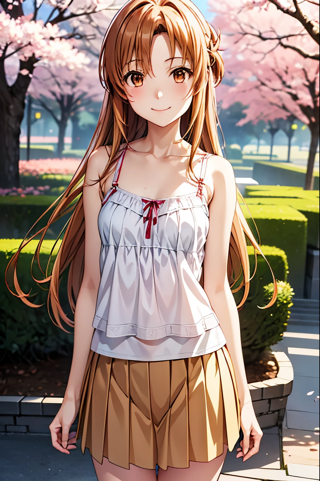  best quality,  High Resolution  ,One Girl、Alone、smile、(  anime illustration style:1.2 ), Asuna.Yuki, charming orange eyes、Beautiful long hair、 attractive look 、cherry blossoms、Attractive eyes、stroll,(  camisole、skirt:1.3),(Realistic, Genuine, Genuine的、Realistic),  best quality、  cowboy shot