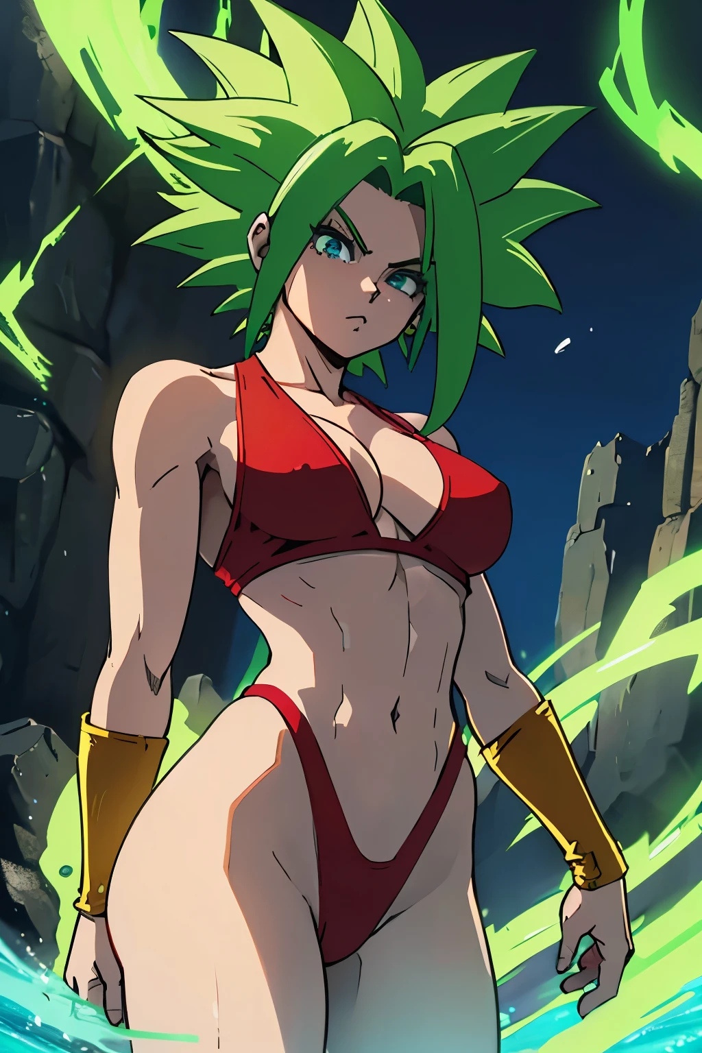 xyzkefla, super_saiyajin, green_Hair, green_eyes, 1 , nailed_Hair, Energy, joy, aura, ultra thin sling swimsuit, red swimsuit, dramatic, striptease, provocative position, cliff, looking at the viewer, ((perfect hand)), flying