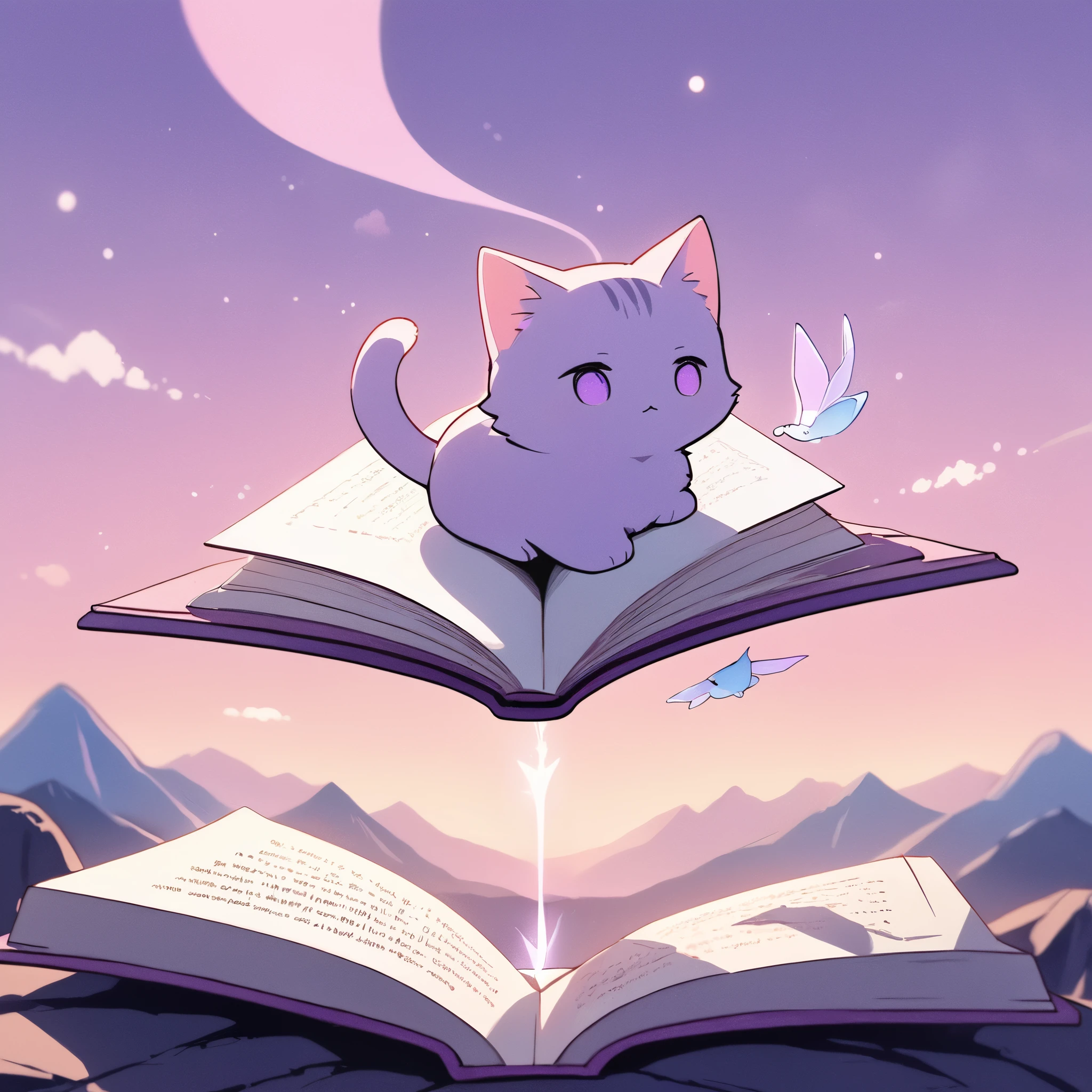 masterpiece, best quality, ultra-detailed, minimal object, chibi, Low Fidelity (lofi) art style, pastel pink and purple tones. A small chibi-style cat rides on an open, flying book through the sky, with the pages fluttering gently in the pastel breeze. The book soars above a landscape of softly blurred mountains and clouds, leaving a faint trail of light in its wake. The cat sits calmly on the book, gazing ahead as it travels through the soft pink and purple sky. A small chibi figure stands on the ground below, their back to the viewer, watching the cat’s peaceful flight. The scene is whimsical and surreal, turning a simple book into a magical flying vessel in a serene and dreamy world.