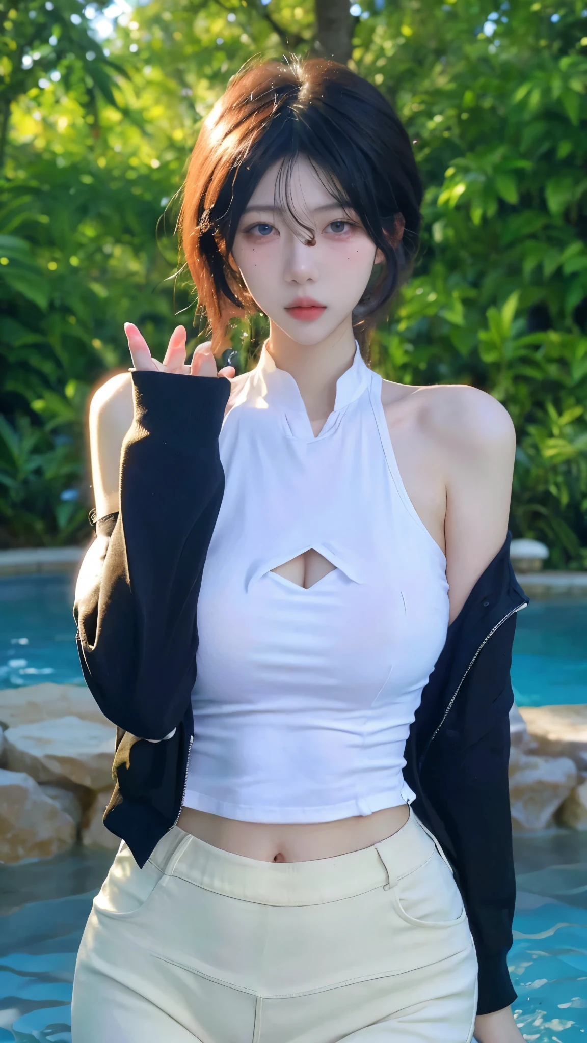 Beautiful woman with perfect figure:1.4,Ultra-high resolution,Put your hands behind your back,Swimming background,(Realism:1.4),perspective,Layered hairstyle,Snow white skin,JK:1.5,Super short pleated skirt,whole body:1.4,Very delicate and skin texture,Double eyelids,Skin Whitening,Long hair,White hair