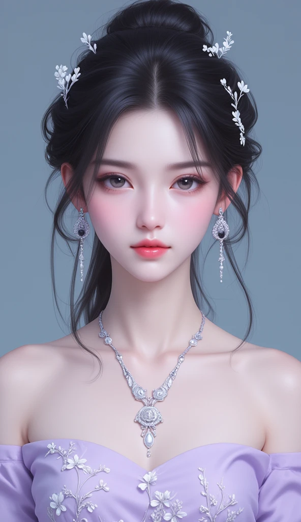 The image is a digital artwork or illustration depicting a young woman with an ethereal appearance. She has dark hair styled in an updo, adorned with delicate floral accessories that match the intricate jewelry she's wearing. The jewelry includes a necklace and earrings, both featuring white flowers and pearls, complementing her light purple dress which also has floral patterns. Her makeup is subtle yet striking, enhancing her natural beauty. The background is a muted blue-gray, providing a calm contrast to the subject. There are watermarks indicating the artist's name and social media handle, suggesting this image may be from an online portfolio or promotional material for the artist.