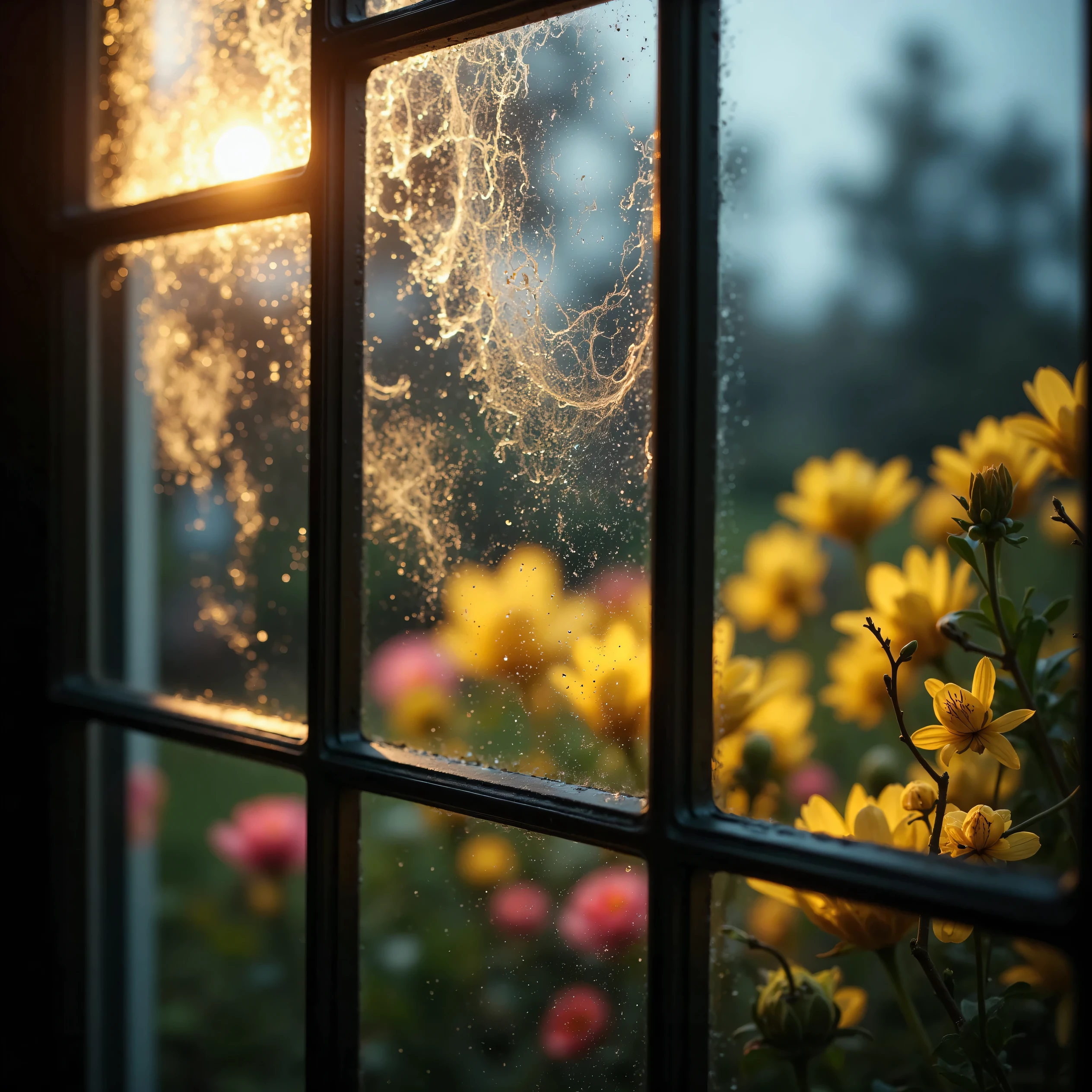 a stunning 16K resolution masterpiece that captures a soft, cinematic scene with incredible detail and realism. The image should resemble a movie-like still with dynamic angles and a touch of motion blur, using an ultra-wide-angle perspective and macro lens effect. Focus on a close-up shot of a glass window with morning dew gently dripping down its surface, overlooking a vibrant spring garden bathed in morning light. The atmosphere is fresh and crisp, with a thin morning mist and delicate rays of light creating a Tyndall effect through the dewdrops.

Capture the beauty of spring flowers blooming in the garden beyond, adding a vibrant and serene atmosphere to the scene. The image should have a natural shimmer and a sense of realism, evoking the feeling of a quiet, refreshing spring morning. It should be rendered with award-winning detail, incorporating elements like digital art techniques, subtle film grain, and anti-glare effects to enhance the visual experience. The composition should be perfectly balanced, with every element precisely detailed and refined. Rendered in ultra-high-definition with UHD and retina-quality resolution, this piece should capture every nuance with sharp focus, immersing viewers in a lifelike and breathtaking depiction.