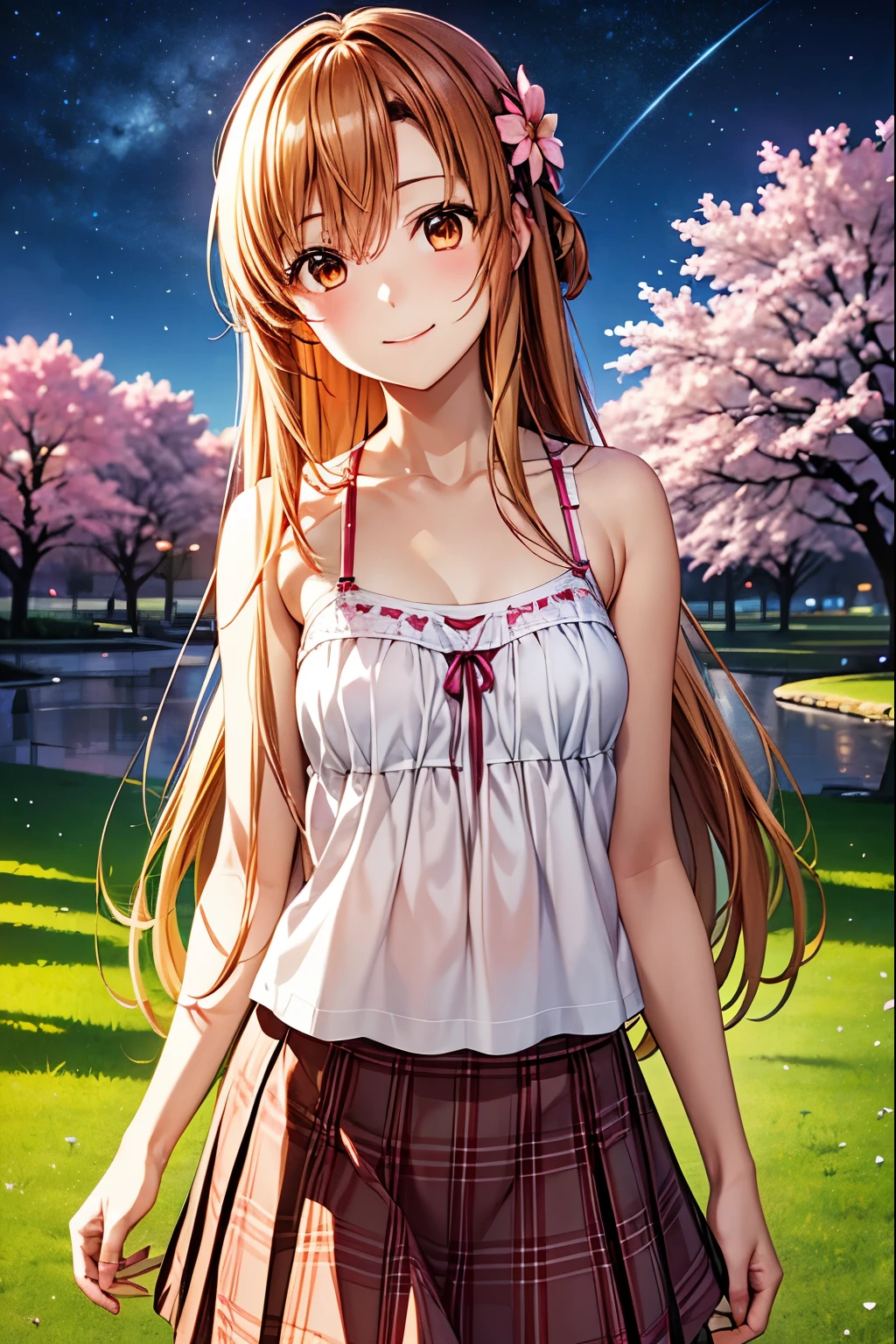  best quality,   High Resolution  ,One Girl、Alone、smile、(  animated illustration style ), Asuna.Yuki, charming orange eyes、Beautiful long hair、 attractive look 、(夜のcherry blossomsの花、Starry Sky:1.2)、cherry blossoms、Attractive eyes、stroll,(  camisole、skirt:1.3),(Realistic, Genuine, Genuine的、Realistic),  best quality、   cowboy shot,