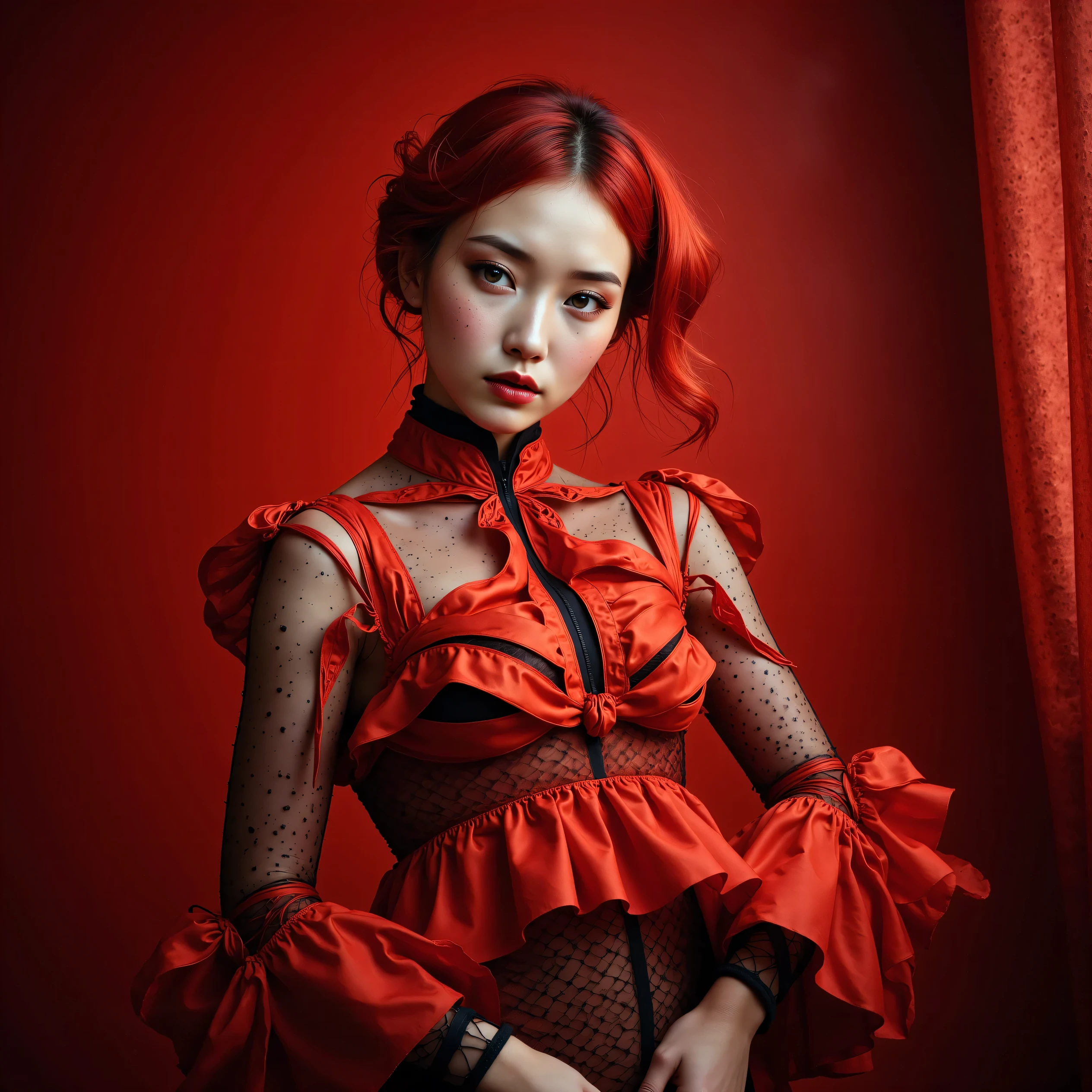 a masterpiece-quality, realistic fashion portrait featuring a beautiful Japanese woman in a dynamic, acrobatic pose. The scene is captured with a wide-angle, full-body shot, showcasing her elegance and the sleek lines of her body. She wears an avant-garde haute couture jumpsuit inspired by Alexander McQueen, featuring a layered red, transparent ruffle design that blends futuristic elements with intricate fashion. The jumpsuit is complemented by geometric accessories, adding a modern touch to the outfit.

Her expression is serene, highlighting the sophisticated and avant-garde nature of the scene. The design emphasizes the sleekness of the outfit with a monochromatic palette, using strategically placed ribbons to accentuate her form. Her light-toned, arranged hair frames a delicate face with bright, shiny eyes, looking directly at the viewer, creating a sense of connection.

The setting is a minimalist red room with realistic shadows and lighting that enhances the contrast of the scene, adding depth and drama to the overall composition. The focus is on creating a striking and elegant blend of fashion, art, and modern design.