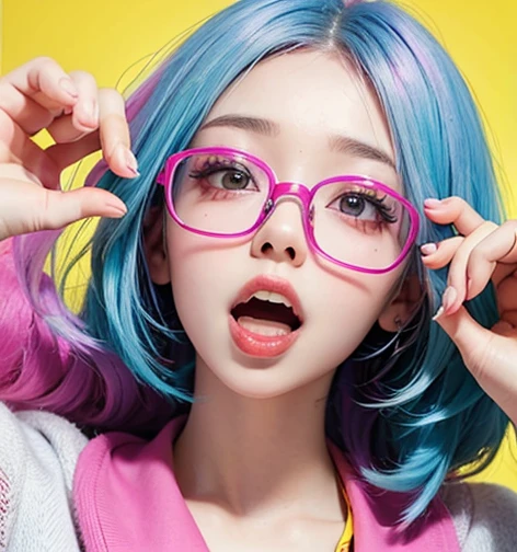 Woman with an ugly face (Look Up, open your mouth wide ),Glasses,Zoom in,pink and yellow colorful colored hair