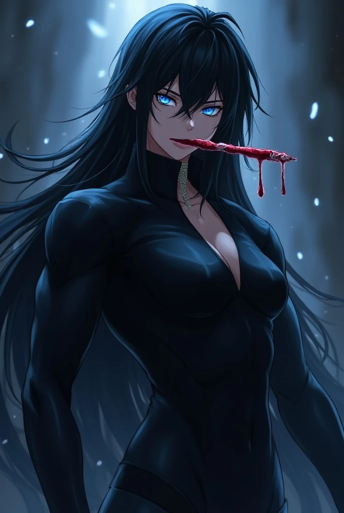 beautiful demonic woman, naked, white long hair, pubic hair,covered in blood, fangs, horns, grim forest,
<lora:sexy_female_warrior_suit:1> 1girl, black criss-cross bikini, halterneck,(black pelvic curtain), black thongs, cleavage, bare shoulders, bare arms, stomach cutout, navel, chains, large breasts, thighs, black sandals,