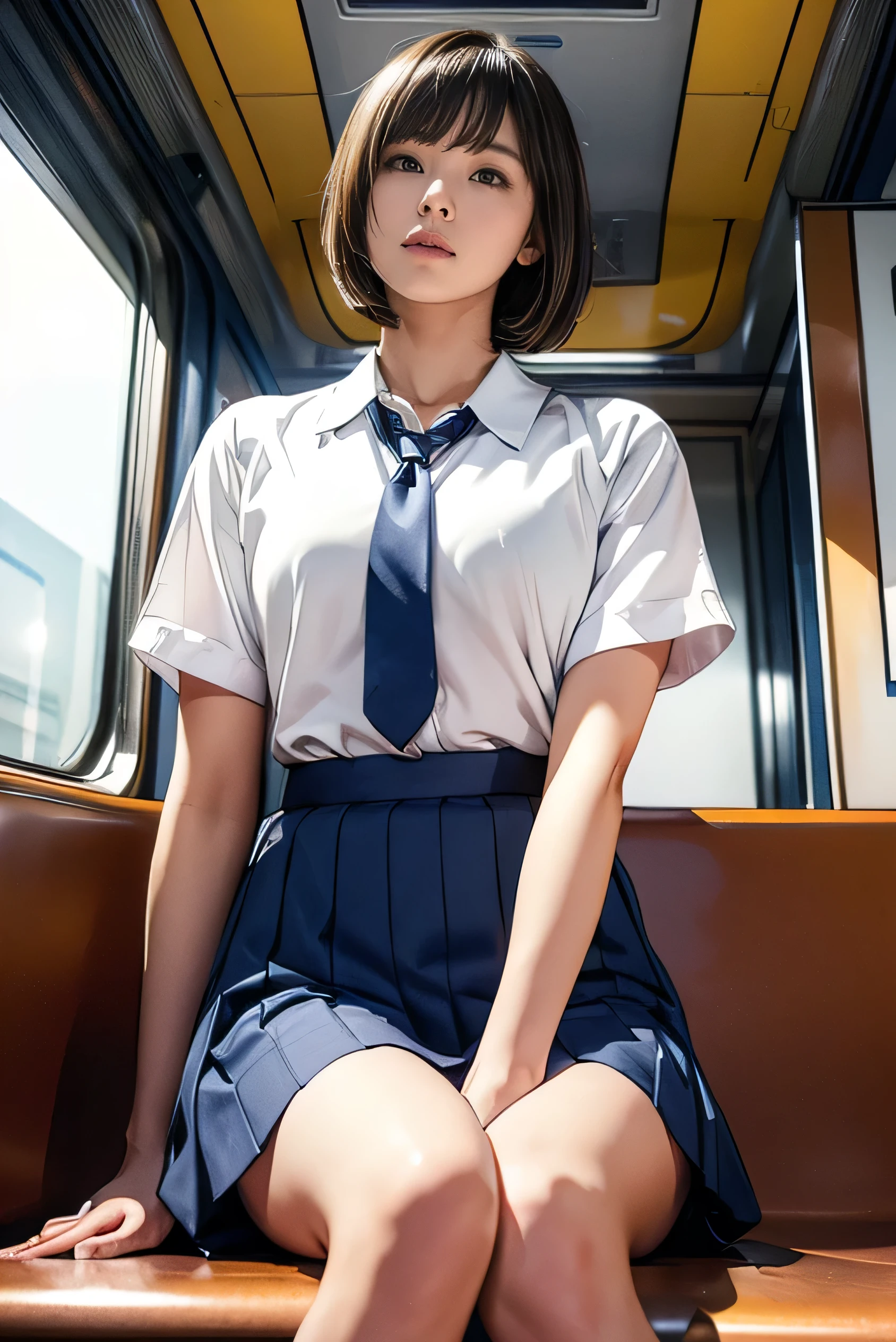 High-resolution images, Atmospheric perspective, 8k, Very detailed, Accurate, Highest quality,
1 person, alone, chest, Looking at the audience, (Looking at the audience,:1.5),
Brown Hair, Brown eyes, parted lips, smile、underwear, panties, (Japanese学校制服),
(Navy blue mini skirt), (sit in a train seat:1.5), (Spread your legs to the side:1.4)、underwear, panties, parted lips,
lips, (Navy Blue Skirt), Full Body Shot, (((Spread your legs, Arms crossed))), Showing sexy 、(whiteの panties:1.5), Realistic ,
(white, Collared shirt, Ribbon tie),
(Do not expose your upper body:1.5),((Ceiling From below:1.2))、((From below:1.38))、
(Turn your body to the viewer:1.5) , (From below, look up:1.5), (( Japanese, Short Bob))