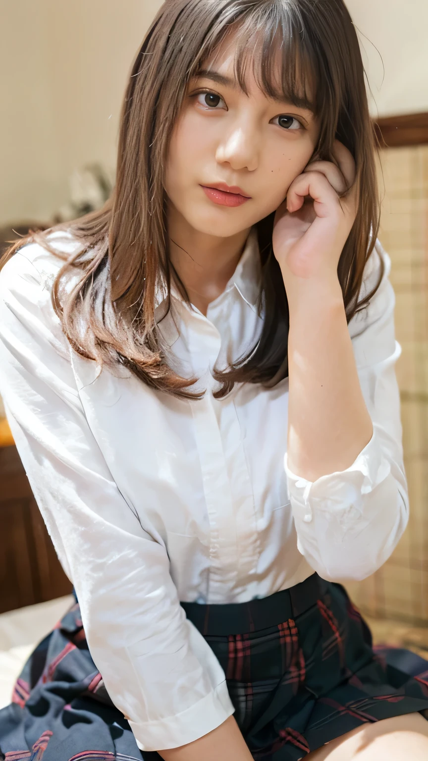 Alone、 Natural Body Shape、 white skin、 natural makeup、 Black Hair 、bangs、Long straight hair、、(expensive 、barefoot、White blouse、 blue plaid pleated skirt)、、( and spread your legs:1.3)、(( My upper body is wearing a uniform ))、(((((Looking at the camera)))))、(((whole body)))、(((Exposing thighs)))、bedroom、On the bed、Sitting、(( Focus on your crotch ))